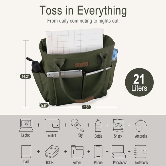 Women's Green Tote Bags Large Utility Bags with Pockets Zip for Teacher Work - Picture 3 of 6